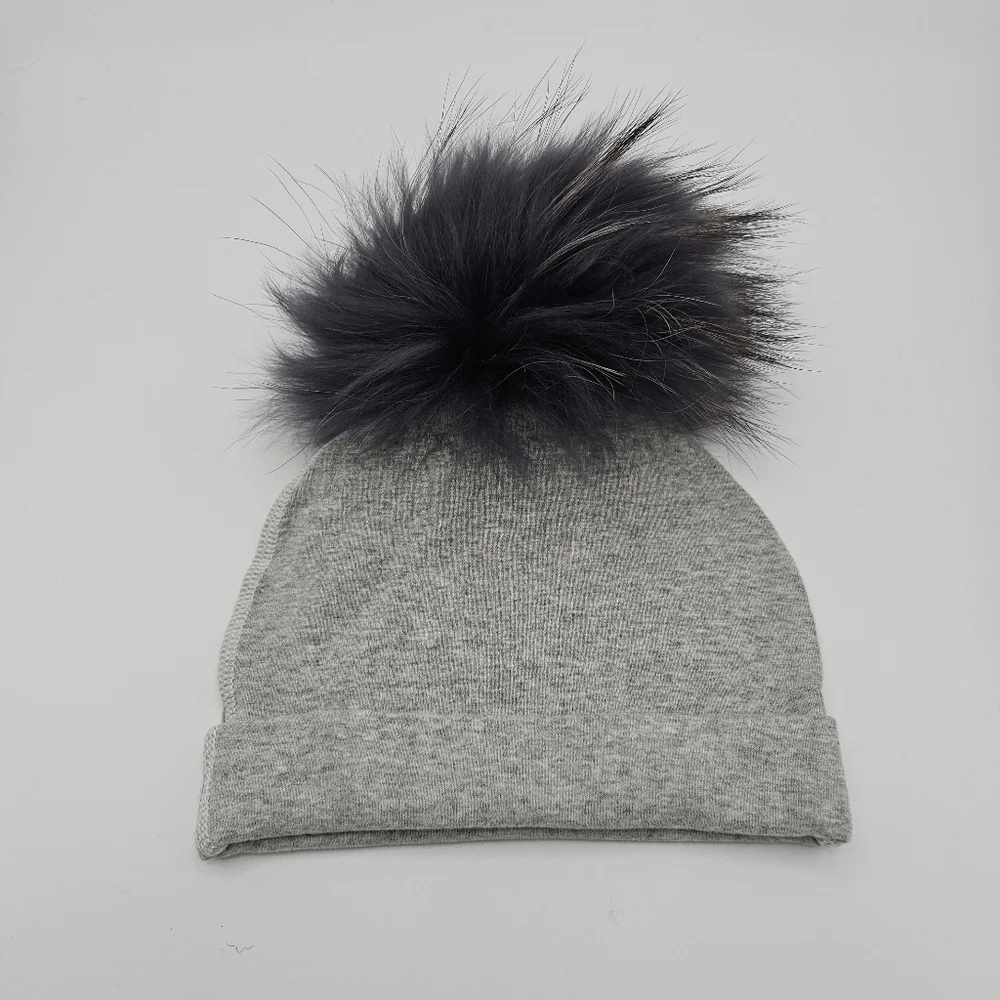 Socks & Bows gray baby beanie with dark gray removable pom pom
